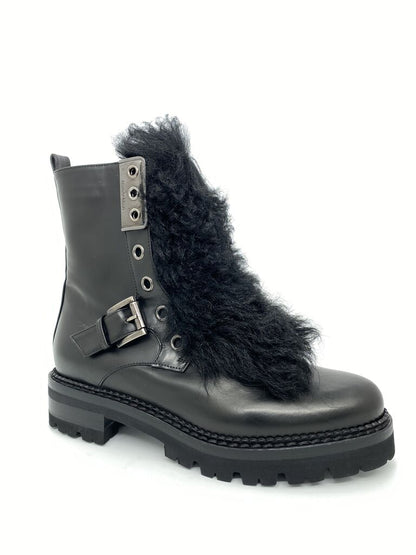 Black Leather Boot with Fuzzy Trim