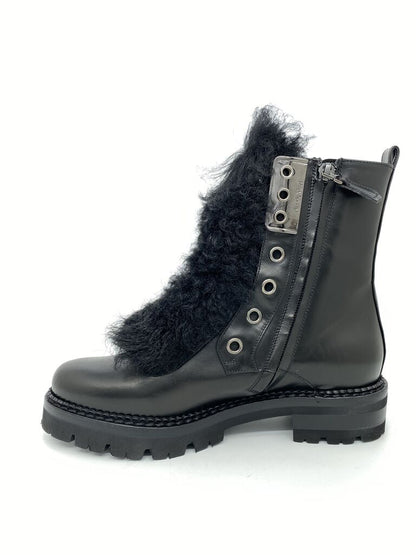 Black Leather Boot with Fuzzy Trim