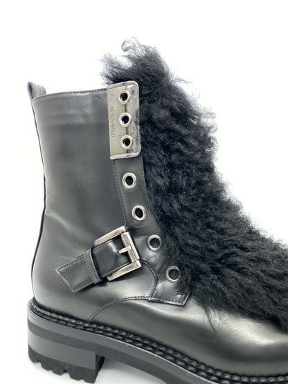 Black Leather Boot with Fuzzy Trim