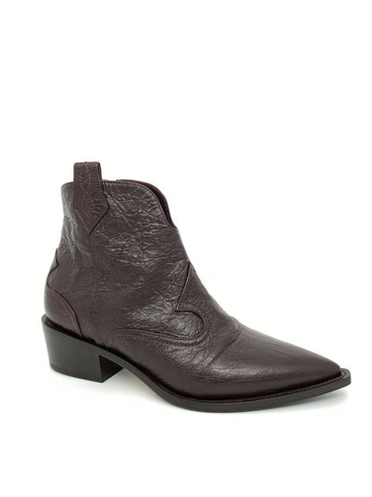 Dark Leather Ankle Boot with Western Stitching