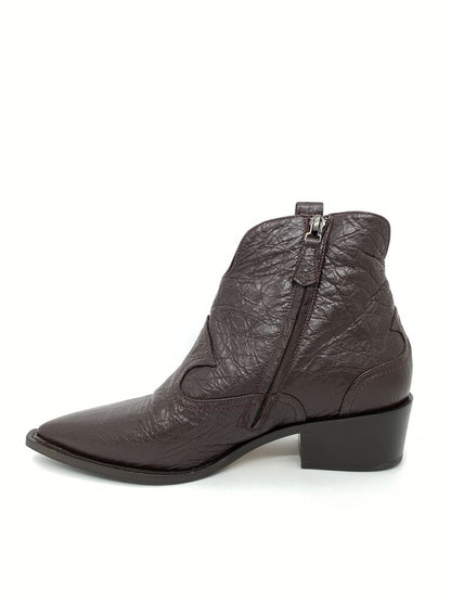 Dark Leather Ankle Boot with Western Stitching