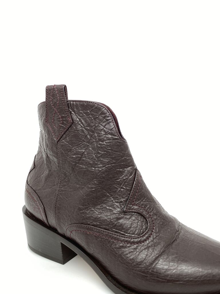 Dark Leather Ankle Boot with Western Stitching