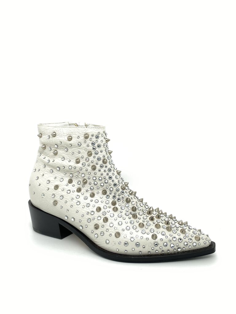 White Studded Ankle Boots with Pointed Toe