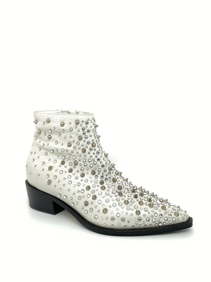 White Studded Ankle Boots with Pointed Toe