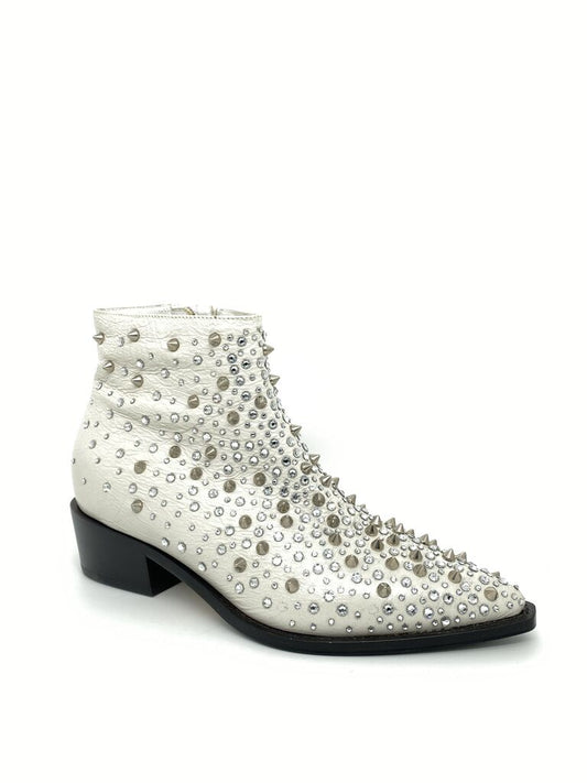White Studded Ankle Boots with Pointed Toe
