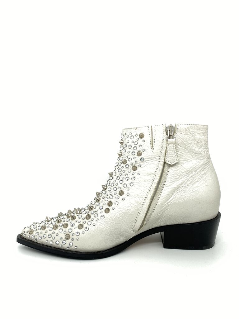 White Studded Ankle Boots with Pointed Toe