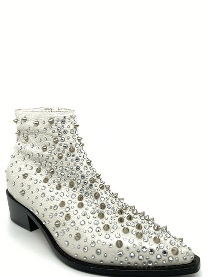 White Studded Ankle Boots with Pointed Toe