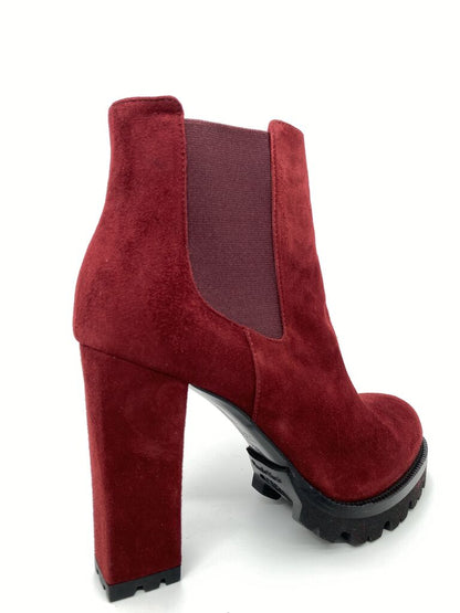 Red Suede Platform Ankle Boots with Elastic Panel