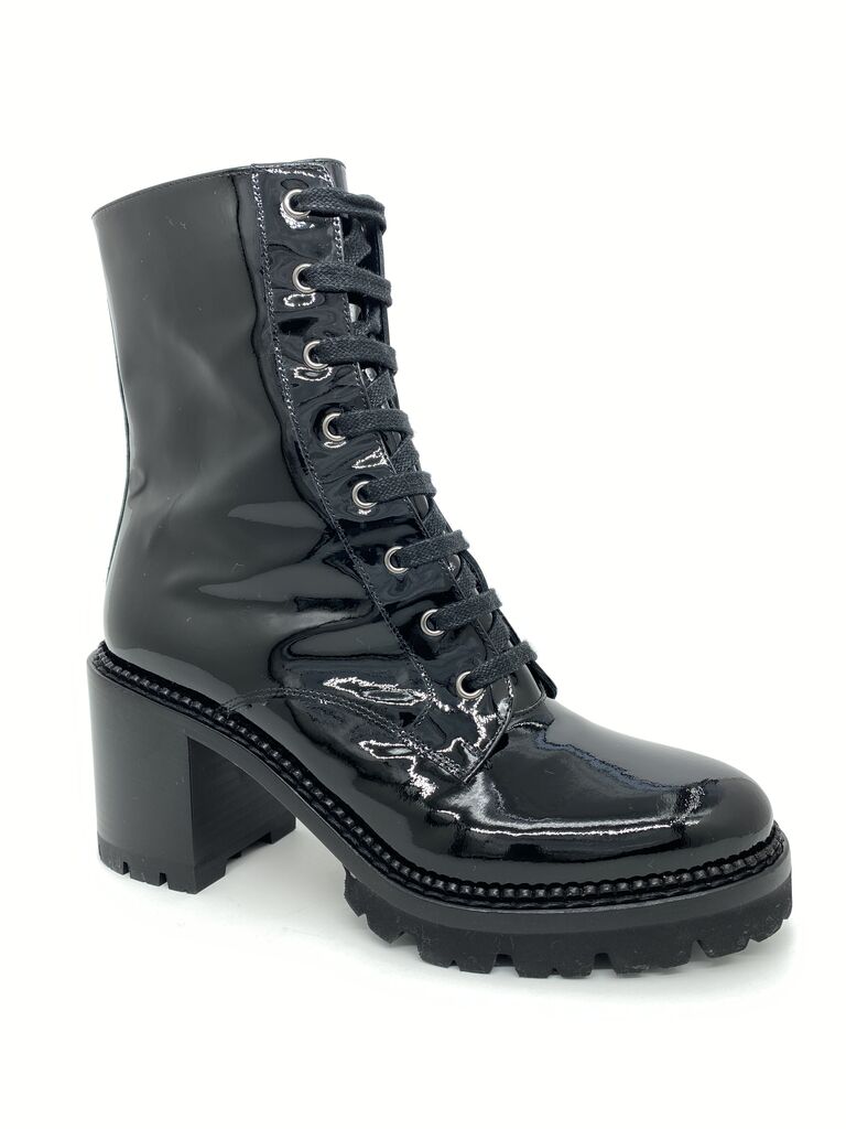 Black Patent Chunky Heel Lace-Up Boot