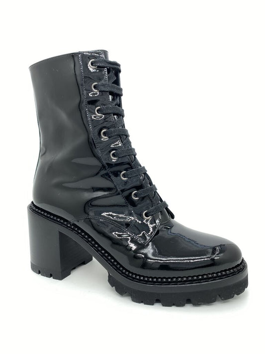 Black Patent Chunky Heel Lace-Up Boot