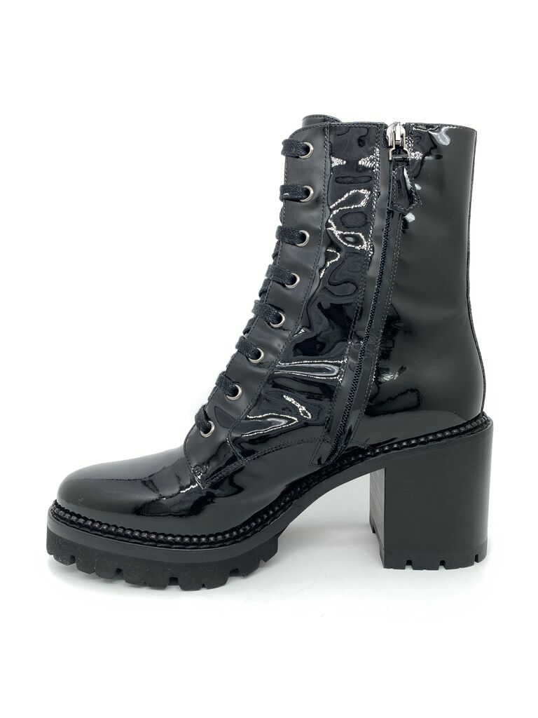 Black Patent Chunky Heel Lace-Up Boot