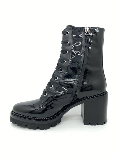 Black Patent Chunky Heel Lace-Up Boot