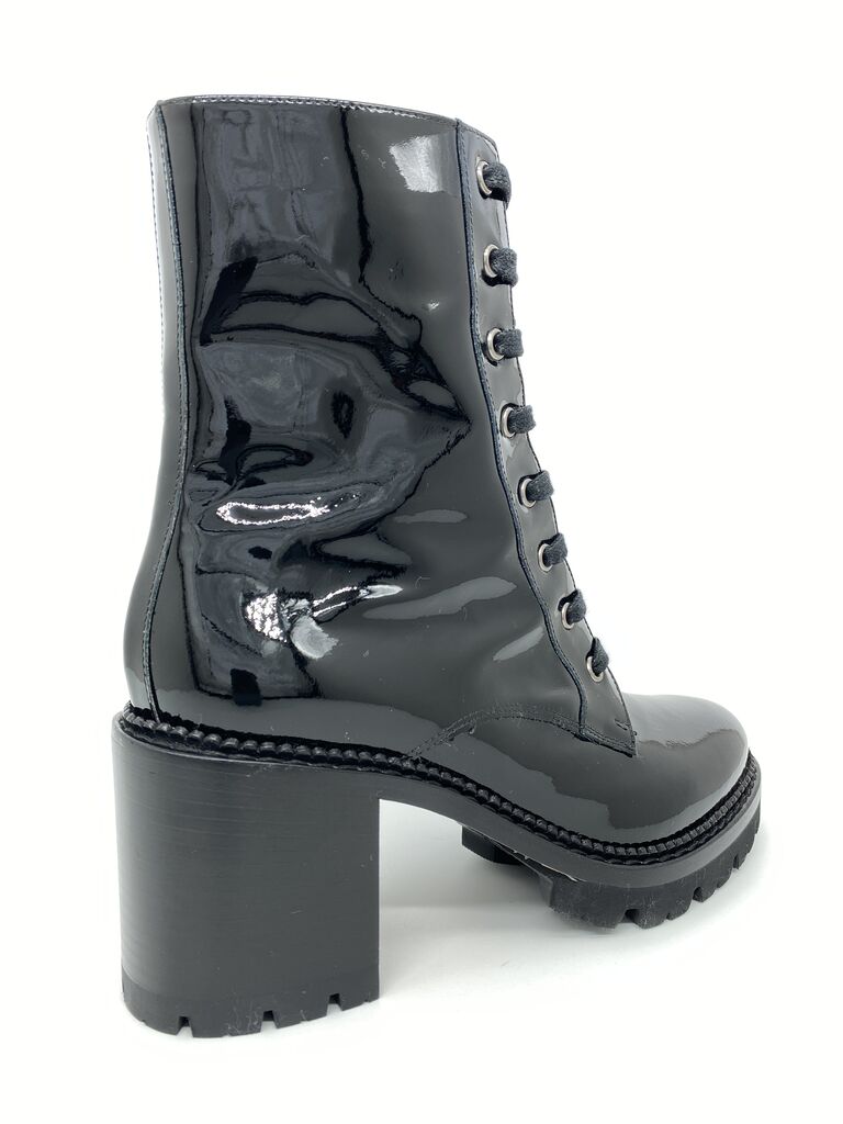 Black Patent Chunky Heel Lace-Up Boot