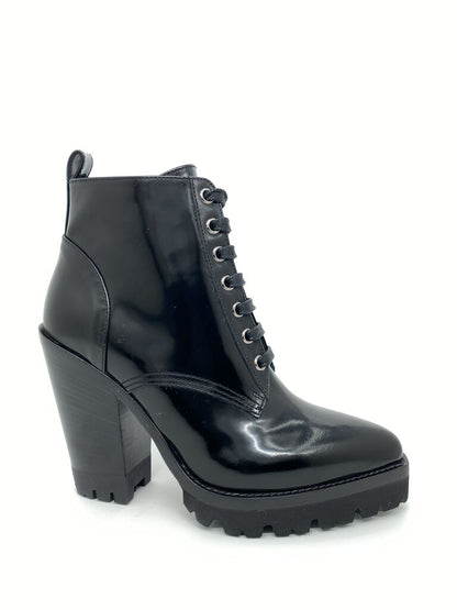 Black Patent Chunky Heel Lace-Up Ankle Boots