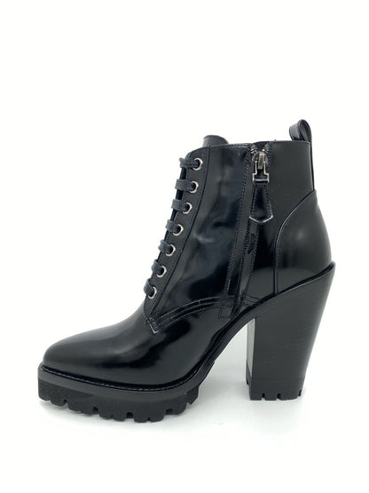 Black Patent Chunky Heel Lace-Up Ankle Boots