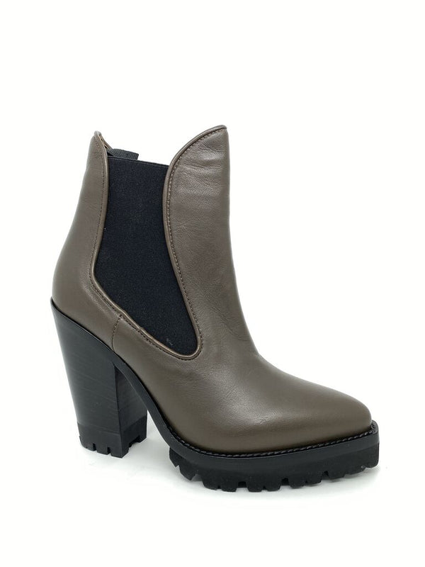 Taupe Leather Ankle Boot with Chunky Heel