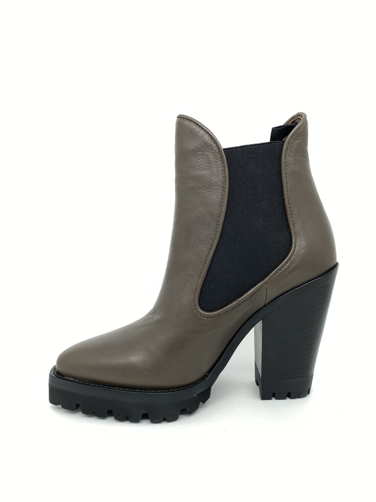 Taupe Leather Ankle Boot with Chunky Heel