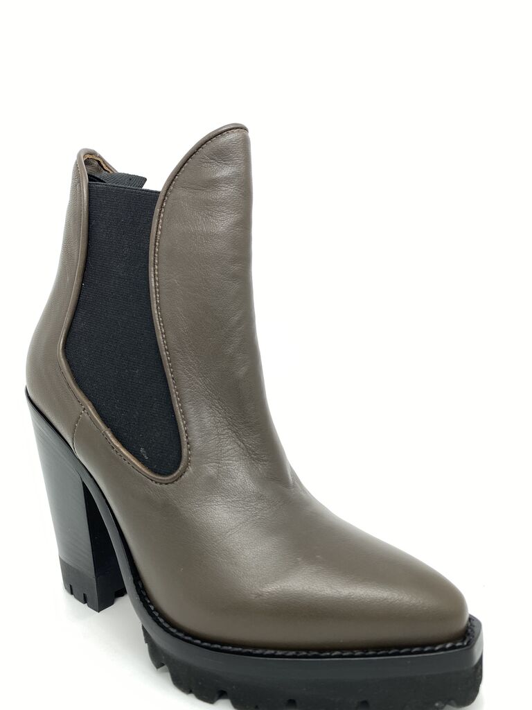 Taupe Leather Ankle Boot with Chunky Heel