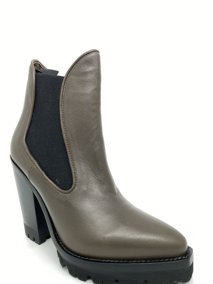 Taupe Leather Ankle Boot with Chunky Heel