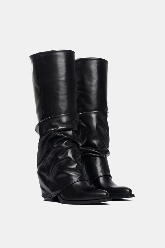 Black Leather Slouchy Tall Boots