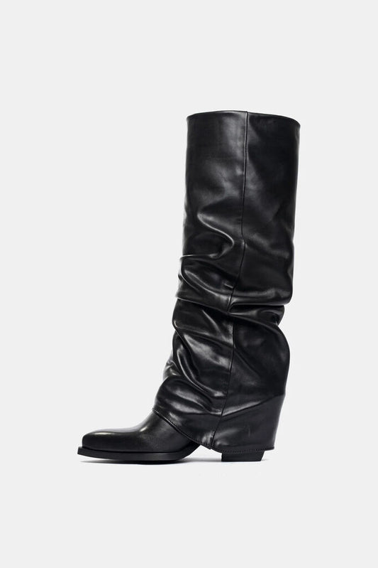 Black Leather Slouchy Tall Boots