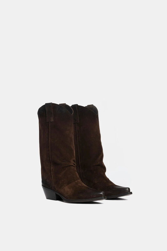 Brown Suede Western Boots with Stacked Heel