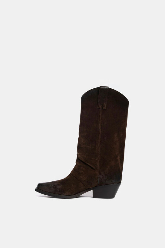 Brown Suede Western Boots with Stacked Heel