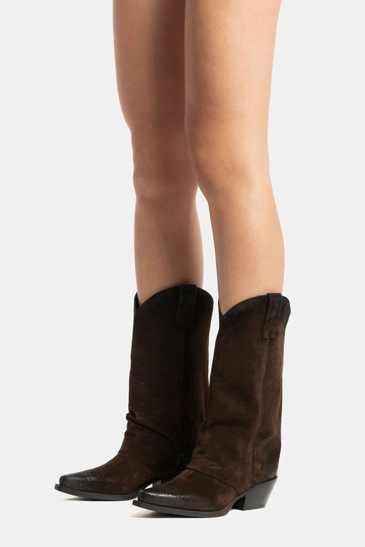Brown Suede Western Boots with Stacked Heel