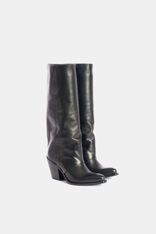 Black Leather Knee-High Boots with Stacked Heel