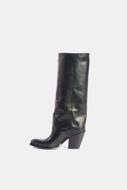 Black Leather Knee-High Boots with Stacked Heel