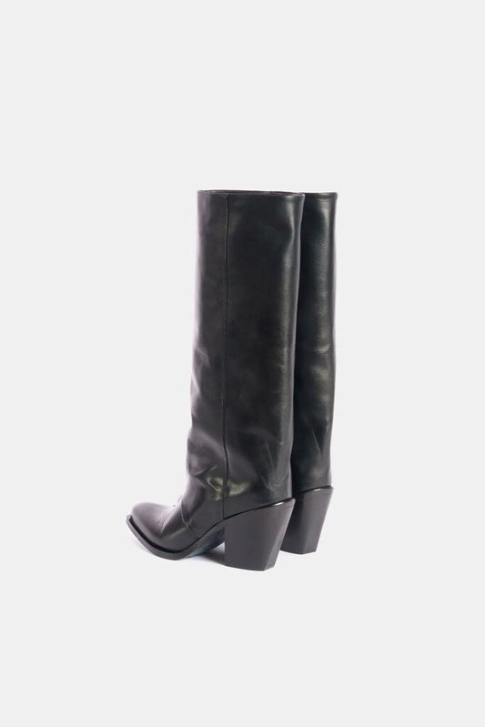 Black Leather Knee-High Boots with Stacked Heel