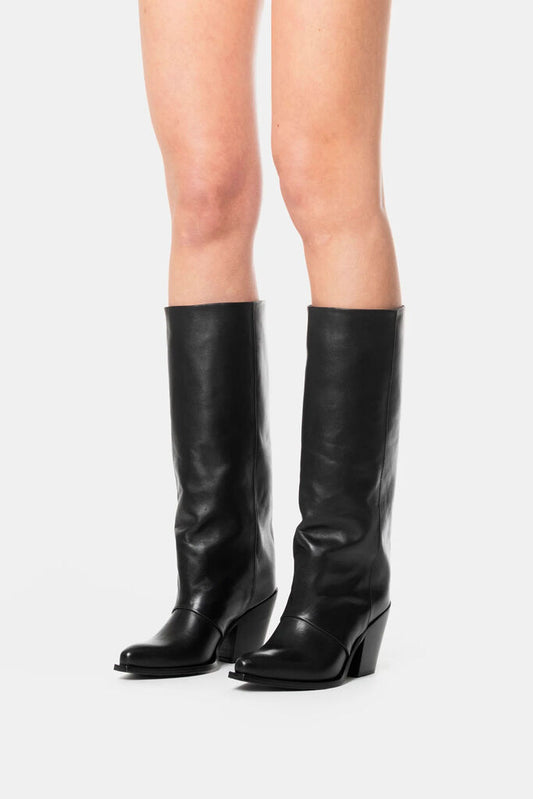 Black Leather Knee-High Boots with Stacked Heel