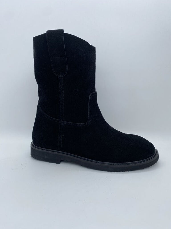 Black Suede Mid-Calf Boots with Pull Tabs