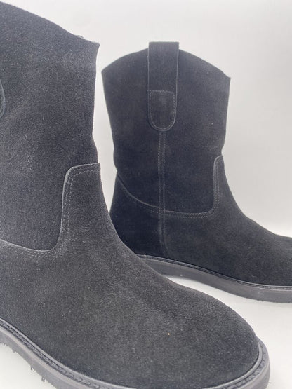 Black Suede Mid-Calf Boots with Pull Tabs