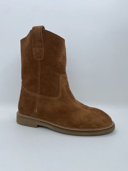 Brown Suede Mid-Calf Boot with Pull-On Tabs