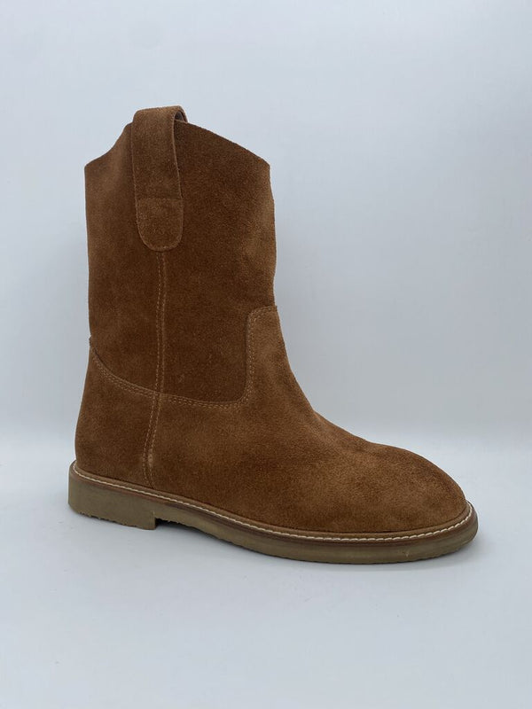 Brown Suede Mid-Calf Boot with Pull-On Tabs