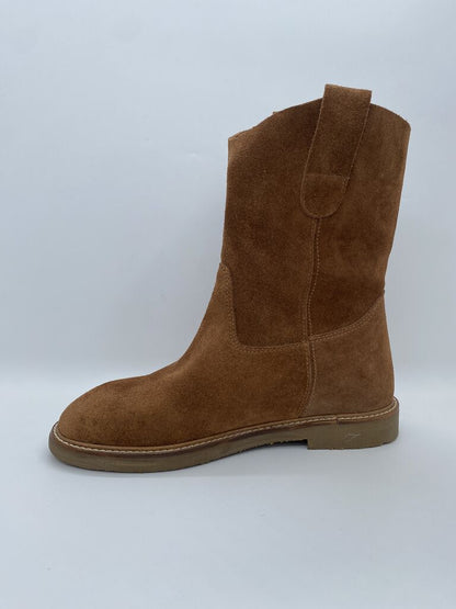 Brown Suede Mid-Calf Boot with Pull-On Tabs