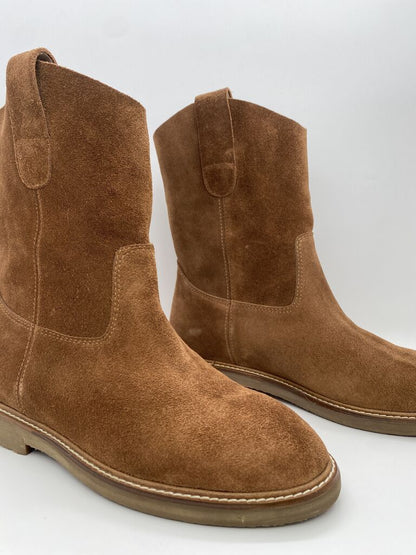 Brown Suede Mid-Calf Boot with Pull-On Tabs