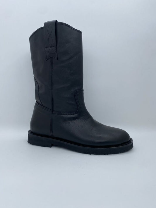 Black Leather Mid-Calf Boot with Pull Tab