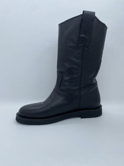 Black Leather Mid-Calf Boot with Pull Tab