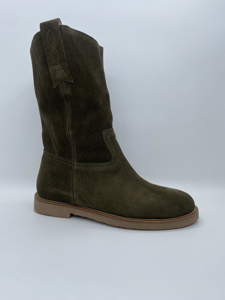 Olive Suede Mid-Calf Boots with Pull Tabs