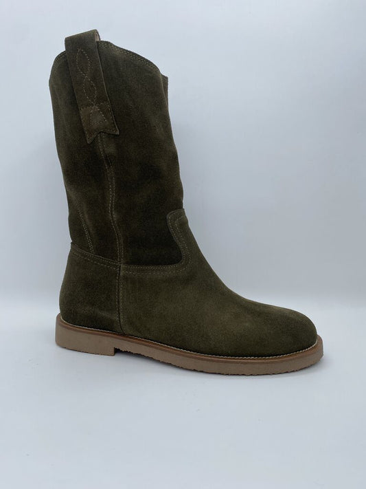 Olive Suede Mid-Calf Boots with Pull Tabs