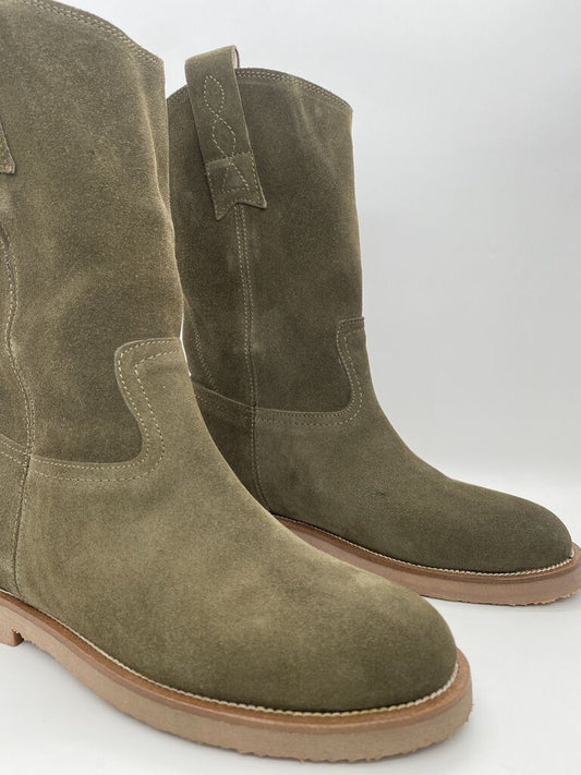 Olive Suede Mid-Calf Boots with Pull Tabs