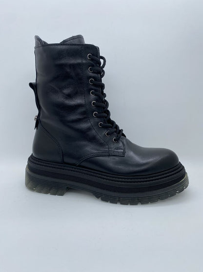 Black Leather Platform Boots with Lace-Up Detail