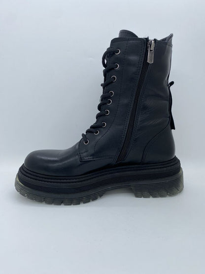 Black Leather Platform Boots with Lace-Up Detail