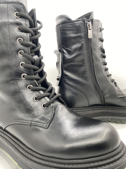 Black Leather Platform Boots with Lace-Up Detail