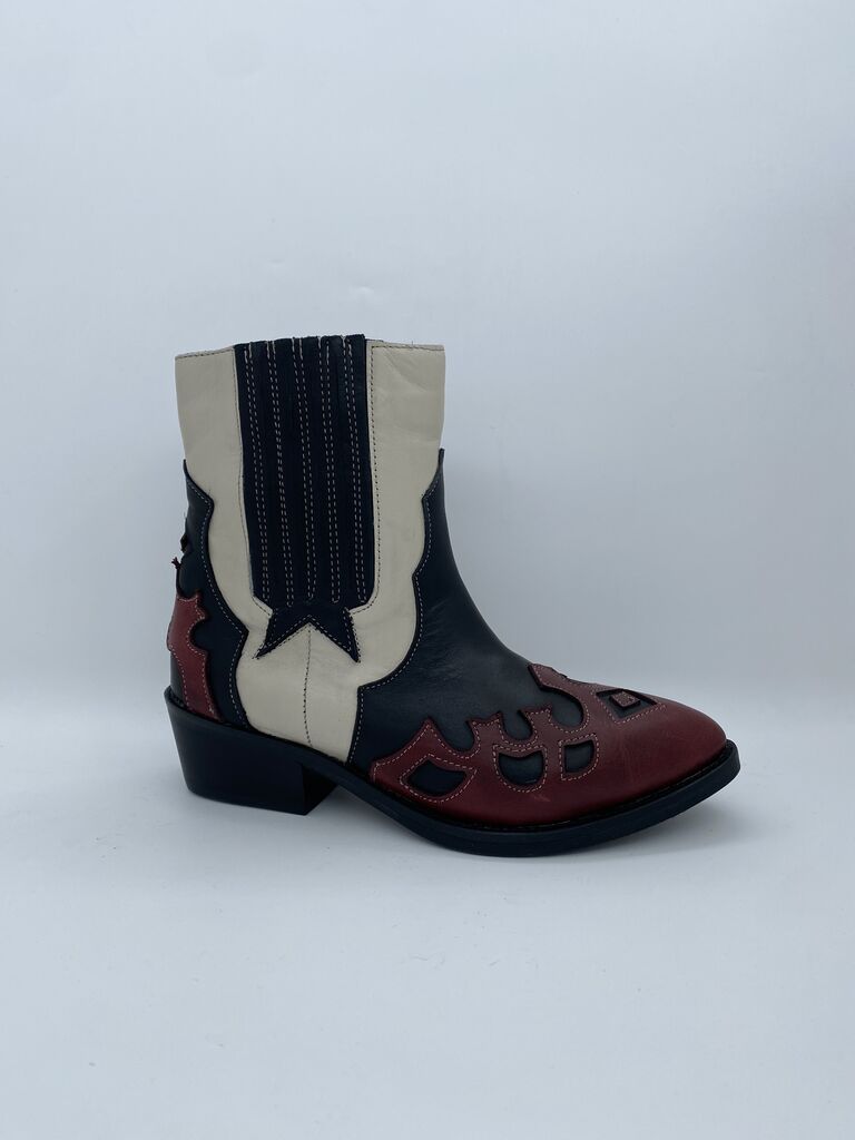 Multicolor Leather Western Ankle Boots with Cutout Design