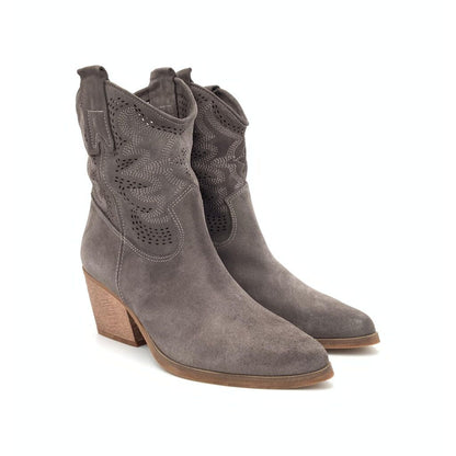 Gray Suede Ankle Boots with Perforated Design