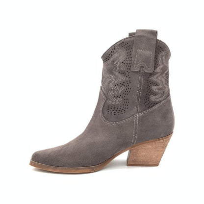 Gray Suede Ankle Boots with Perforated Design