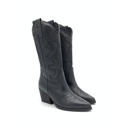 Black Embossed Leather Western Boots